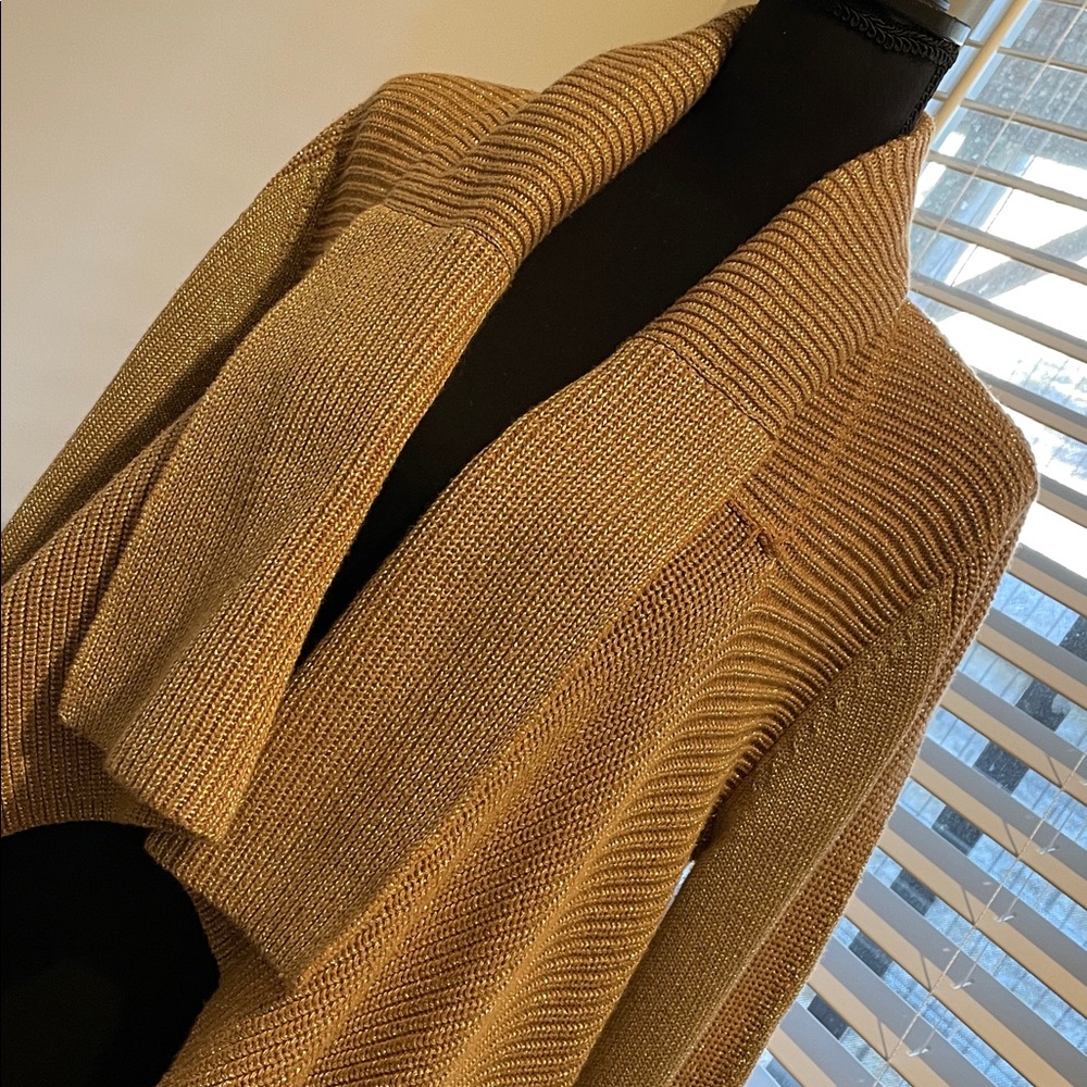 Kenneth Cole Waterfall Open Front Cardigan SizeL Gold Metallic Glam Quiet Luxury